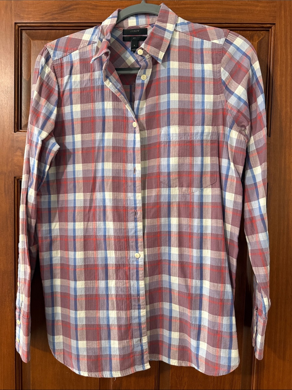 J. Crew Red, Blue and White Plaid Button-Up Blouse